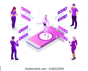 Isometric artificial intelligence concept. AI and business IOT concept. Man communicating with chatbot via instant messenger as an example of artificial intelligence. Isometric artificial intelligence concept. AI and business IOT concept. Man communicating with chatbot via instant messenger as an example of artificial intelligence.