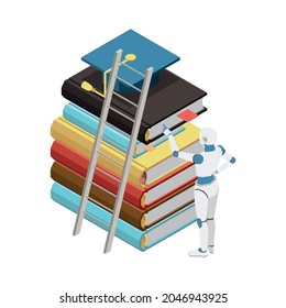 Isometric artificial intelligence concept with robot choosing book 3d vector illustration