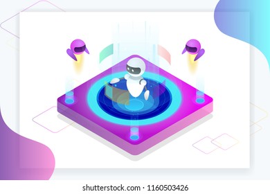 Isometric Artificial Intelligence concept. Technology and engineering. Teaching and Learning in Digital World. Digital and technology background