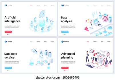 Isometric Artificial Intelligence Digital Technology Vector Illustration. Cartoon 3d Mobile Website Design Concept Banner Set For Ai Tech Database Services Of Advanced Planning, Cloud Data Analysis