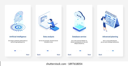 Isometric Artificial Intelligence Digital Technology Vector Illustration. UX, UI Onboarding Mobile App Page Screen Set With Cartoon 3d Ai Tech Database Service, Advanced Planning, Cloud Data Analysis