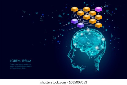 Isometric artificial intelligence human brain neural network business concept. Blue glowing personal information data connection future technology. 3D infographic vector illustration