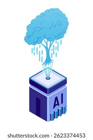 Ícone de inteligência artificial isométrica. Tecnologia de robôs digitais. Elemento de banner da Web da tecnologia Ai. Máquina de aprendizagem profunda, conceito digital. Ilustração isolada de vetor