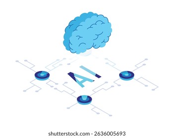 Isometric artificial intelligence icon. Digital robots technology. Ai technology web banner element. Deep learning machine, digital concept. Isolated vector illustration