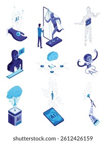 Isometric artificial intelligence icon set. Digital robots technology. Ai technology web banner element. Deep learning machine, digital concept. Isolated vector illustration