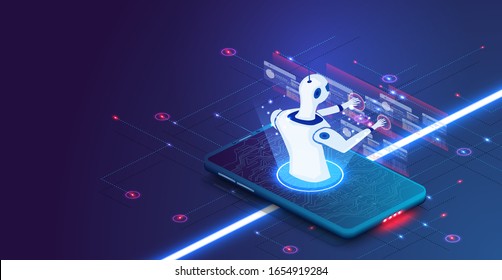 Isometric artificial intelligence. Internet technology. Information technology. Isometric Science teacher bot concept. Smart chatbot to your business. Robotics chatterbot smart robotic conversation ai