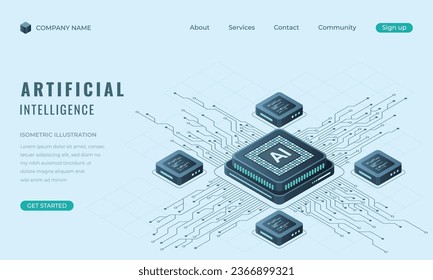 Isometric artificial Intelligence landing page concept. Machine learning technology. Digital technology website landing page. Vector illustration