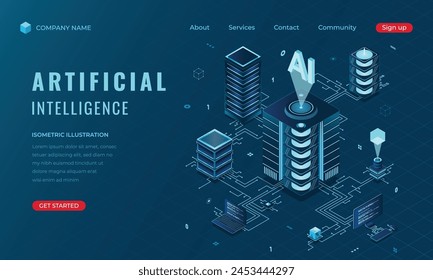 Isometric artificial Intelligence landing page concept. Machine learning technology. Digital technology website landing page. Vector illustration