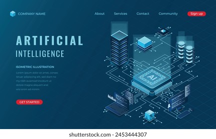 Isometric artificial Intelligence landing page concept. Machine learning technology. Digital technology website landing page. Vector illustration