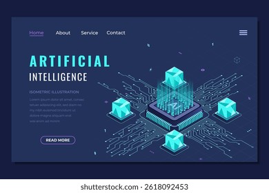 Isometric artificial intelligence landing page. Machine learning technology. Digital technology website landing page. Isometric technology
