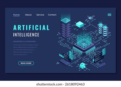 Isometric artificial intelligence landing page. Machine learning technology. Digital technology website landing page. Isometric technology
