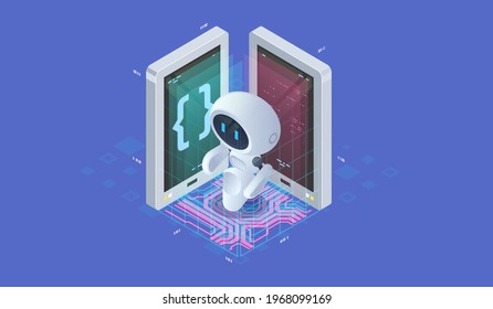 Isometric artificial intelligence. Neuronet or ai technology background with small robot. Chat bot concept.