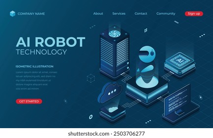 Isometric artificial intelligence robot landing page concept. Machine learning technology. Digital technology website landing page. Vector illustration