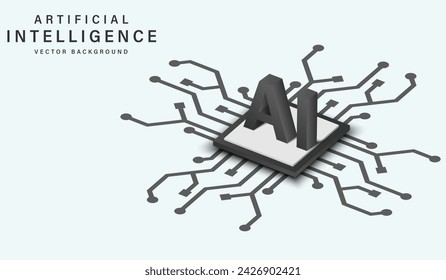 Isometric artificial intelligence in science and business. Technology concept design, Machine learning and generate by chip, Vector illustration for banner and web template. black and white color.