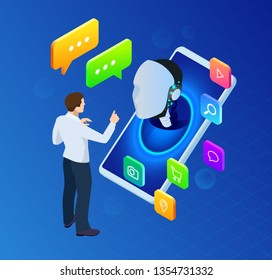 Isometric artificial intelligence. Science teacher bot. Chat bot and future marketing. AI and business IOT concept. Mans and women chatting with chatbot application. Dialog help service.