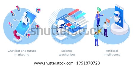 Isometric Artificial Intelligence, Science teacher bot, Chatbot and future marketing. AI and business IOT concept.