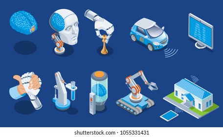 Isometric artificial intelligence set with human brain robotic arm playing chess monitor electric car medical industrial robots smart home isolated vector illustration