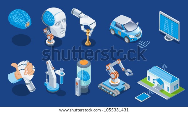 Isometric artificial\
intelligence set with human brain robotic arm playing chess monitor\
electric car medical industrial robots smart home isolated vector\
illustration