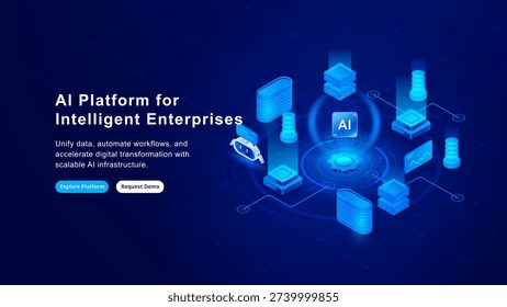 Isometric artificial intelligence technology background with AI platform, servers, data flow, analytics dashboard and automation system for enterprise cloud infrastructure.