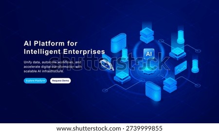 Isometric artificial intelligence technology background with AI platform, servers, data flow, analytics dashboard and automation system for enterprise cloud infrastructure.