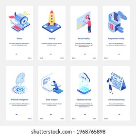 Isometric artificial intelligence technology for business startup vector illustration. UX, UI onboarding mobile app page screen set with digital planning and analysis data, virtual database service