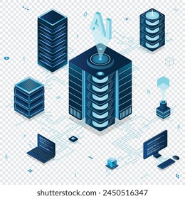 Isometric artificial intelligence technology. Isometric cloud computing concept. Artificial intelligence neural network future technology. Server computers