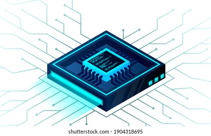 Isometric Artificial intelligence web banner. 3D isometric illustration of a processor chip. The process of data processing. Developments in modern technologies.