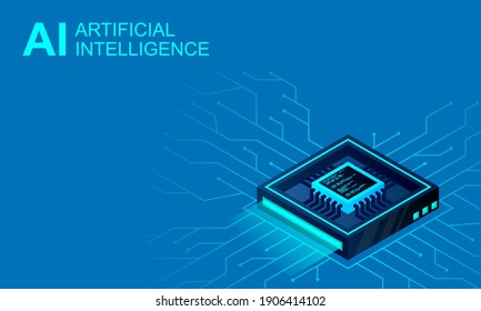 Isometric Artificial intelligence web banner. 3D isometric illustration of a processor chip. The process of data processing. Developments in modern technologies.