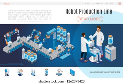 Isometric artificial intelligence website template with robot production lines cyborg creation robotic head arms digital brain monitor vector illustration