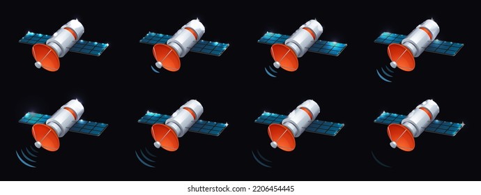 Isometrische künstliche Satelliten senden Funktelekommunikationssignal animierte Sprite Blatt. Sputnik, der den Planeten umkreist und GPS oder 5g drahtlose globale Netzwerktechnologie