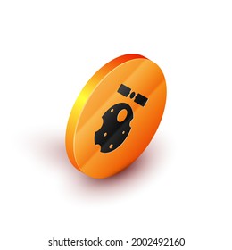 Isometric Artificial satellites orbiting the planet Earth in outer space icon isolated on white background. Communication, navigation concept. Orange circle button. Vector Illustration