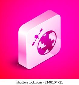 Isometric Artificial satellites orbiting the planet Earth in outer space icon isolated on pink background. Communication, navigation concept. Silver square button. Vector