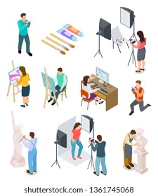 Isometric artist. Art studio artistic photo sculpture artists sculptor painting working picture creative designers 3d isolated people