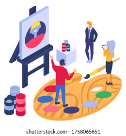 Isometric artist design, art concept vector illustration. Painter drawing at easel, man woman character look at creative collection. People standing on cartoon palette, perspective canvas.