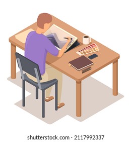 artista isométrico trabajando en tableta gráfica en tabla, ilustración vectorial