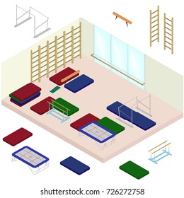 Isometric artistic gymnastics room with tools. Set of sporting elements in vector illustration