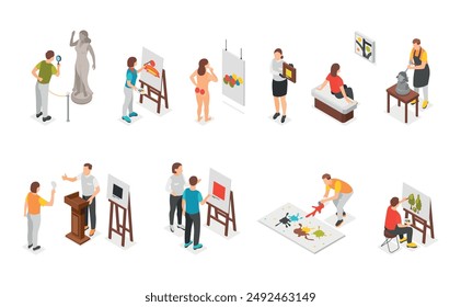 Isometric artists. Creative process, artist painting and show picture. Art gallery characters and elements, images and sculpture flawless vector set