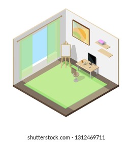Isometric. Artist's room with easel, computer, table and chair, carpet, window and shelves in 3d