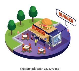 Isometric Artwork of a Burger Food Truck, Where there is a Park beside the food truck and people are eating their food on the table and having fun.