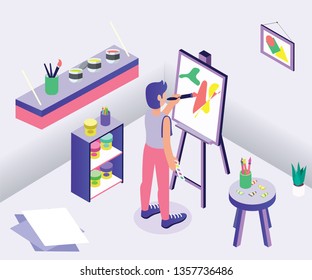 Isometric Artwork Concept of an Artist. Where an Artist is painting on his Canvas. While he is holding his colour palette. 