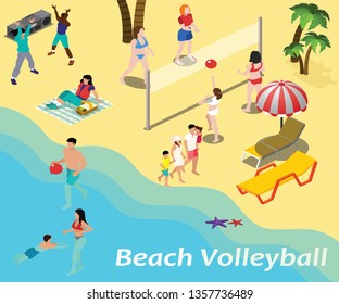 Isometric Artwork Concept Of Beach Volleyball. Where Kids And Adults Are Playing Volleyball In Sand.