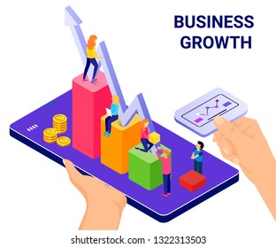 Isometric Artwork Concept of Business Growth where a app is help the businesses to growth through technology analysis.