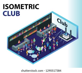 Isometric Artwork concept of a Club where people are having drinks with their friends and family and enjoying the atmosphere.