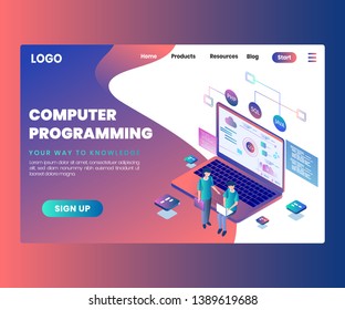 Isometric Artwork Concept of Computer Programming Where the People are coding to make a website