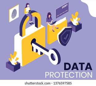 Isometric Artwork Concept of Data Protection where the idea is given that the data of the people is safe.