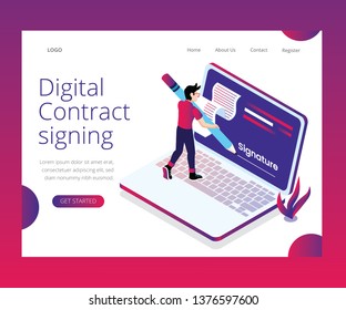 Isometric Artwork Concept of Digital Contract Signing, Where a Person is signing a contract digitally.