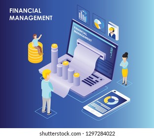 Isometric Artwork Concept of Financial Management, Where People are Managing the financial income and expense through a software/website