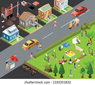 Isometric Artwork Concept of a Friendly Neighbourhood where there is a Park Where Children are Playing on Ground and people are having a great time