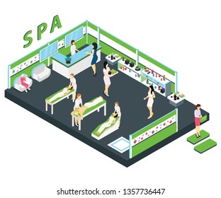 isometric artwork concept of a interior of a spa, where People are getting salon services and spa services