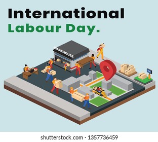 isometric artwork concept of labour Day, where the workers have been working hard in an warehouse and delivering products to the consumer.